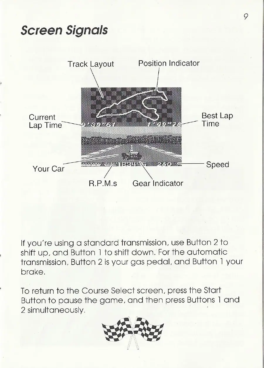 Page 9 of the Ayrton Senna’s Super Monaco GP II manual: Screen Signals Track Layout Position Indicator Current ' Best Lap Lap Time ——s 2 Time Speed Your Car R.P.M.s Gear Indicator If you’re using a standard transmission, use Button 2 to shift up, and Button 1 to shift down. For the automatic transmission, Button 2 is your gas pedal, and Button 1 your brake. To return to the Course Select screen, press the Start Button to pause the game, and then press…