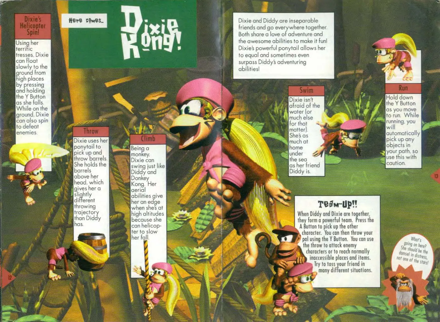 Page 7 of the Donkey Kong Country 2: Diddy’s Kong Quest manual: Dixie and Diddy are inseparable friends and go everywhere together. i Both share a love of adventure and her the awesome abilities to make it fun! terrific Dixie's powerful ponytail allows her tresses, Dixie to equal and sometimes even can float | surpass Diddy's adventuring slowly to the i abilities! round from bigh places ressin and holding the Y Button las she falls. Hold down the Y Button las…