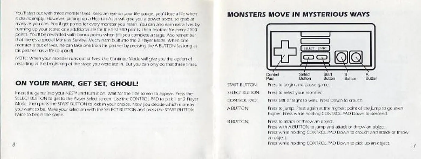 Page 4 of the Monster in My Pocket manual: your life cause power boost so Y stert out vath three monster lves Keep an eye or Udiais empty Homever, picting upa Heertinsder vat ¢ many as you cen. Youll get ef you fy 2U Can «Ase earn etre Wve ditione: ale for the fist 500 pons. then anciser for eves ss when [ill you compere a stage. A hans bolt 1h ner t spe ney Sunesa! Mex JL ef byes, he can take one fre ale to sparel) s5ing the A BUTTON fas…