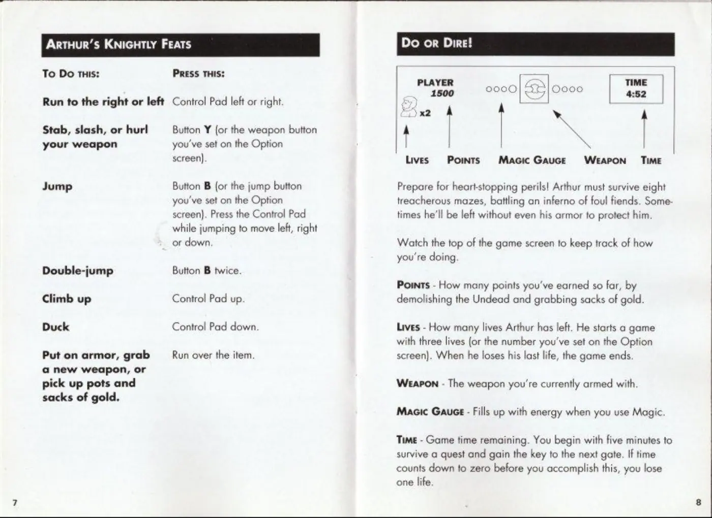 Page 5 of the Super Ghouls ’N Ghosts manual: PV eck mT ey To Do THis: PRESS THIS: Run to the right or left Control Pad left or right Stab, slash, or hurl Button Y (or the weapon button your weapon you've set on the Option screen). Jump Button B (or the jump button you've set on the Option screen}. Press the Control Pad while jumping to move left, right or down. Double-jump Button B twice. Climb up Control Pad up Duck Control Pad down. Put…