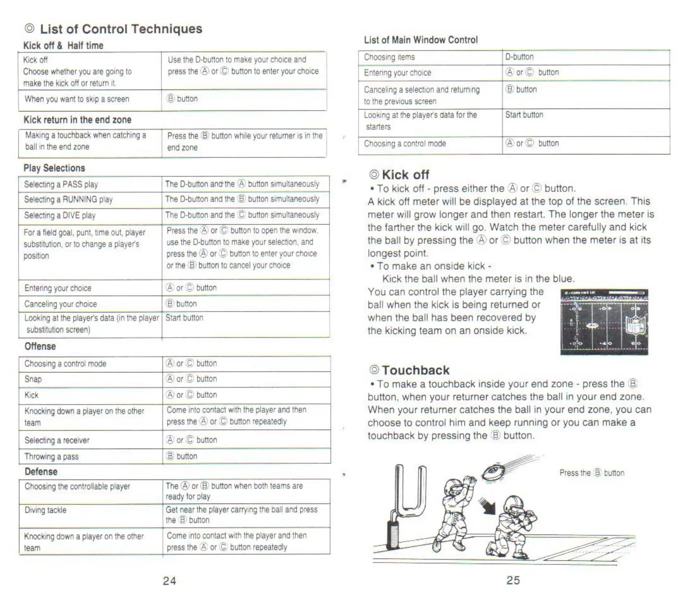 Page 13 of the Tecmo Super Bowl manual: © List of Control Techniques Kick off & Half time List of Main Window Control Kick off Use the D-button to make your choice and Choosing items D-button | Choose whether you are going to press the A) or ©) button to enter your choice Entering your choice ®) or © button make the kick off or return it = = Canceling a selection and retuming B) button When you want to skip a screen B) button to the…